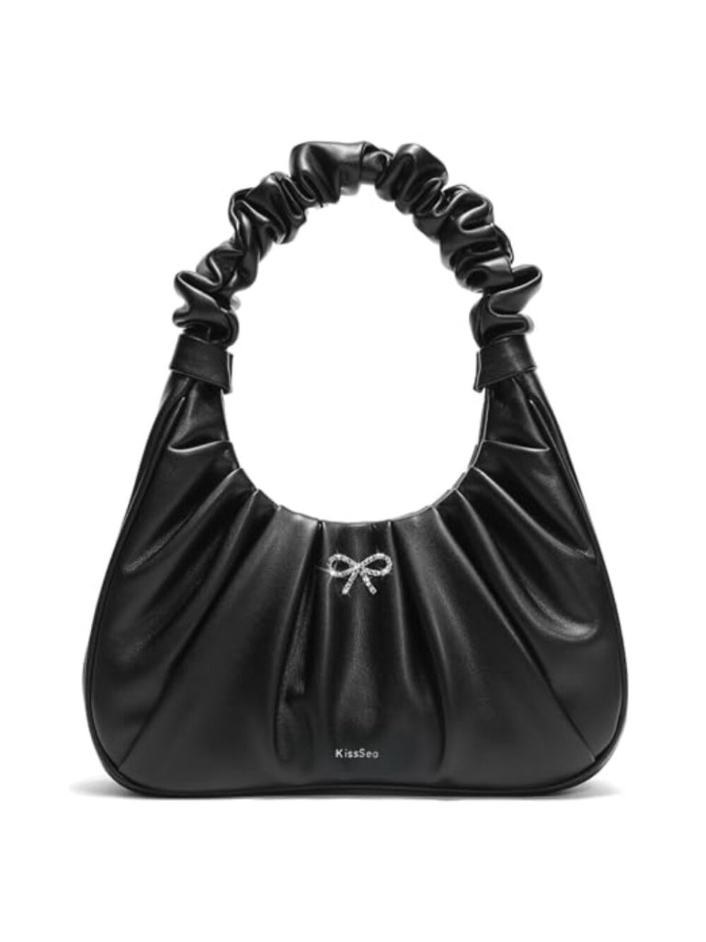 Vegan Leather Cloud Pleated Small Handbag with Rhinestone Bow, Zipper Clutch